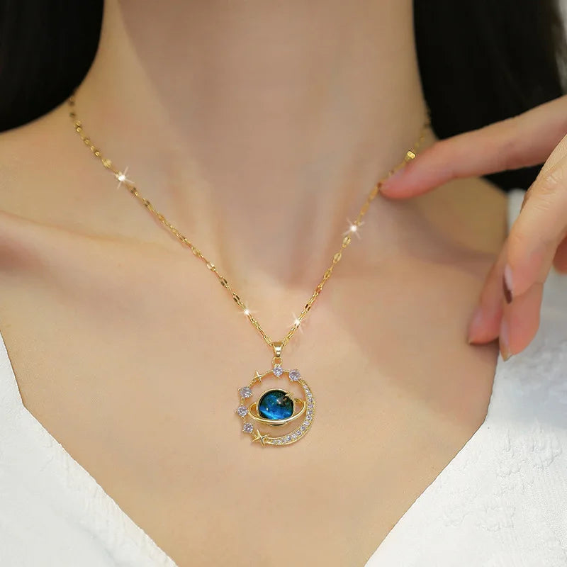 Dainty Blue Planet Necklace Stainless Steel Clavicle Chain Zircon Saturn