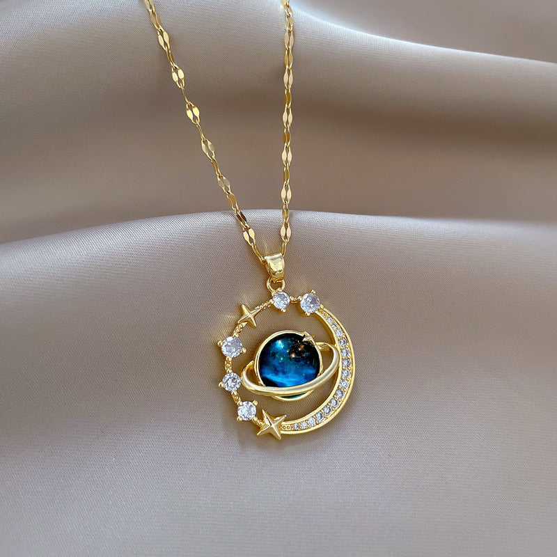 Dainty Blue Planet Necklace Stainless Steel Clavicle Chain Zircon Saturn