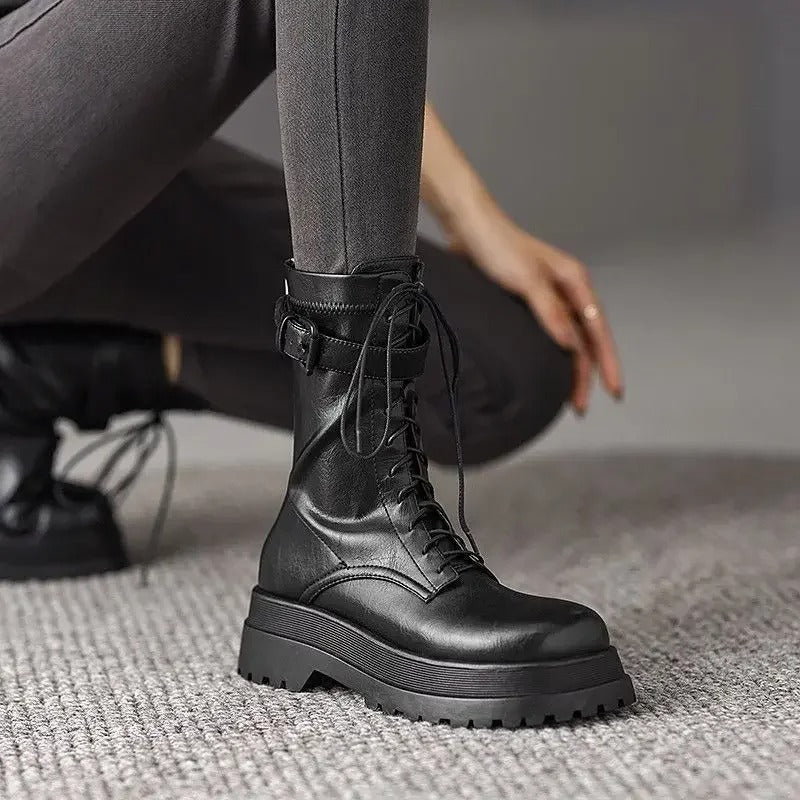 Women's Martin Boots Lace-up Short Boots Thick Bottom Round Head Mid-calf Motorcycle In British Style For Autumn/winter