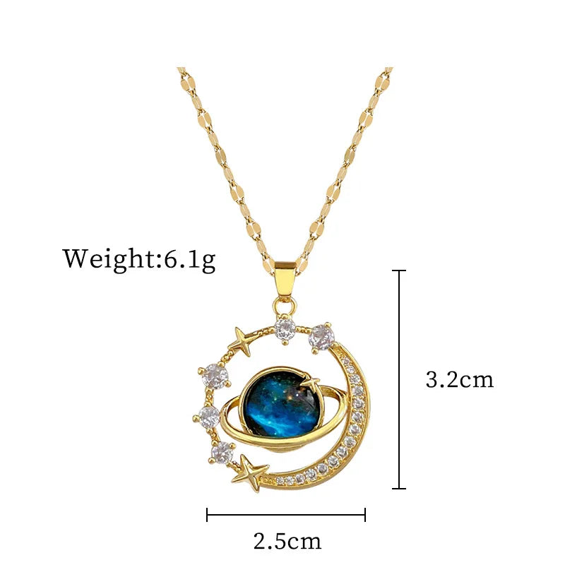 Dainty Blue Planet Necklace Stainless Steel Clavicle Chain Zircon Saturn