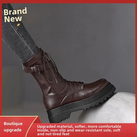 Women's Martin Boots Lace-up Short Boots Thick Bottom Round Head Mid-calf Motorcycle In British Style For Autumn/winter